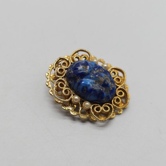 Vintage Victorian Style Gold Plated Brooch With Faux Pearl Lapis Filigree Design - Picture 2 of 4